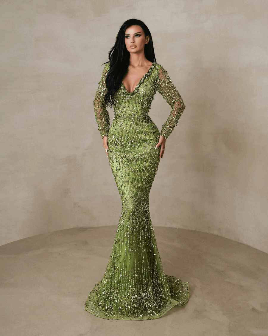 Robe longue verte Chloris avec cristaux et paillettes